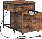 CHOEZON Mini Fridge Stand with Power Outlet, Large Side Table with 2AC and 2 USB Ports, Mobile Beverage Cart with Fabric Drawer for Dorm, Kitchen, Living Room, Rustic Brown and Black TBZ56UBF