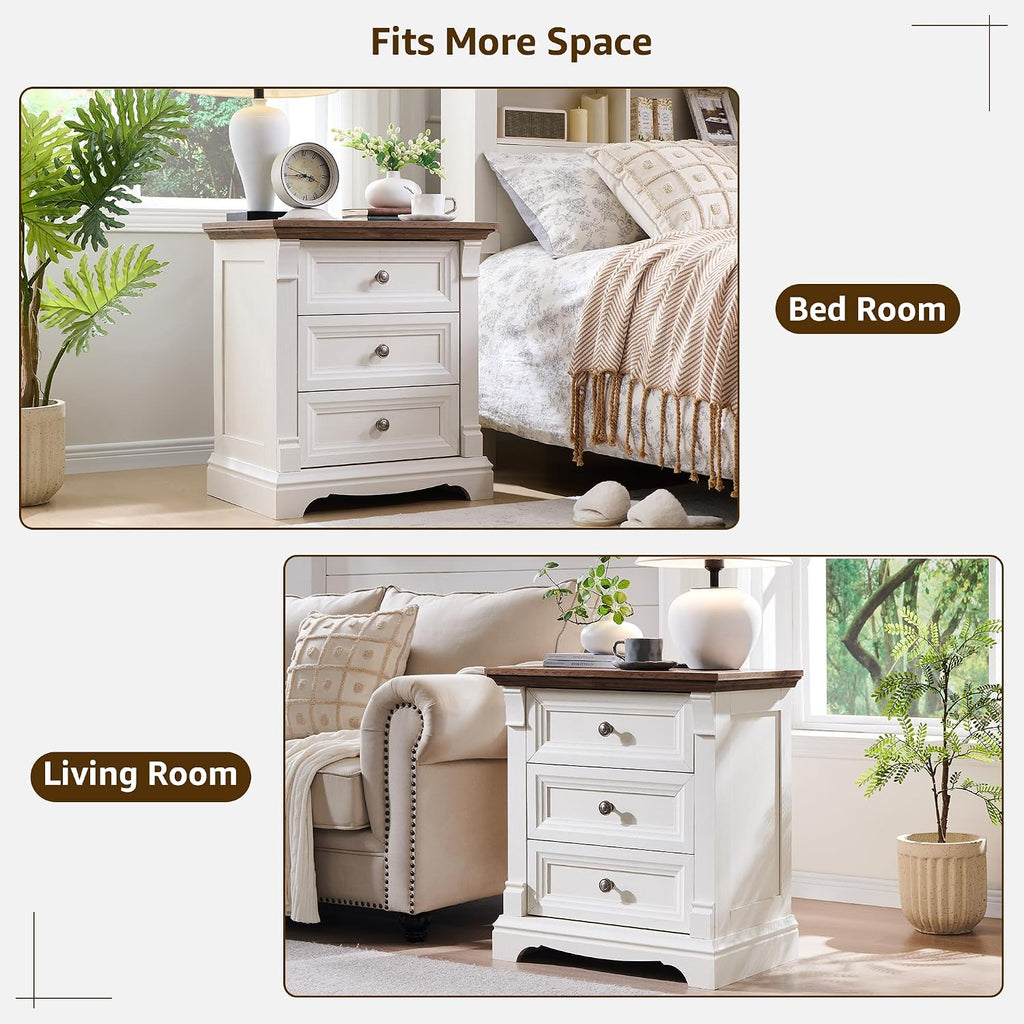 Farmhouse 26"H Nightstand Set of 2, 23.6"W End Table with Charging Station | 3 Drawers Storage, Wood Side Table w/Roman Column, Bedside Cabinet for Bedroom, Living Room, Antique White