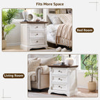 Farmhouse 26"H Nightstand Set of 2, 23.6"W End Table with Charging Station | 3 Drawers Storage, Wood Side Table w/Roman Column, Bedside Cabinet for Bedroom, Living Room, Antique White