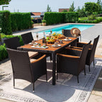 Devoko 7 PCS Acacia Wood Patio Dining Set, Black Rattan