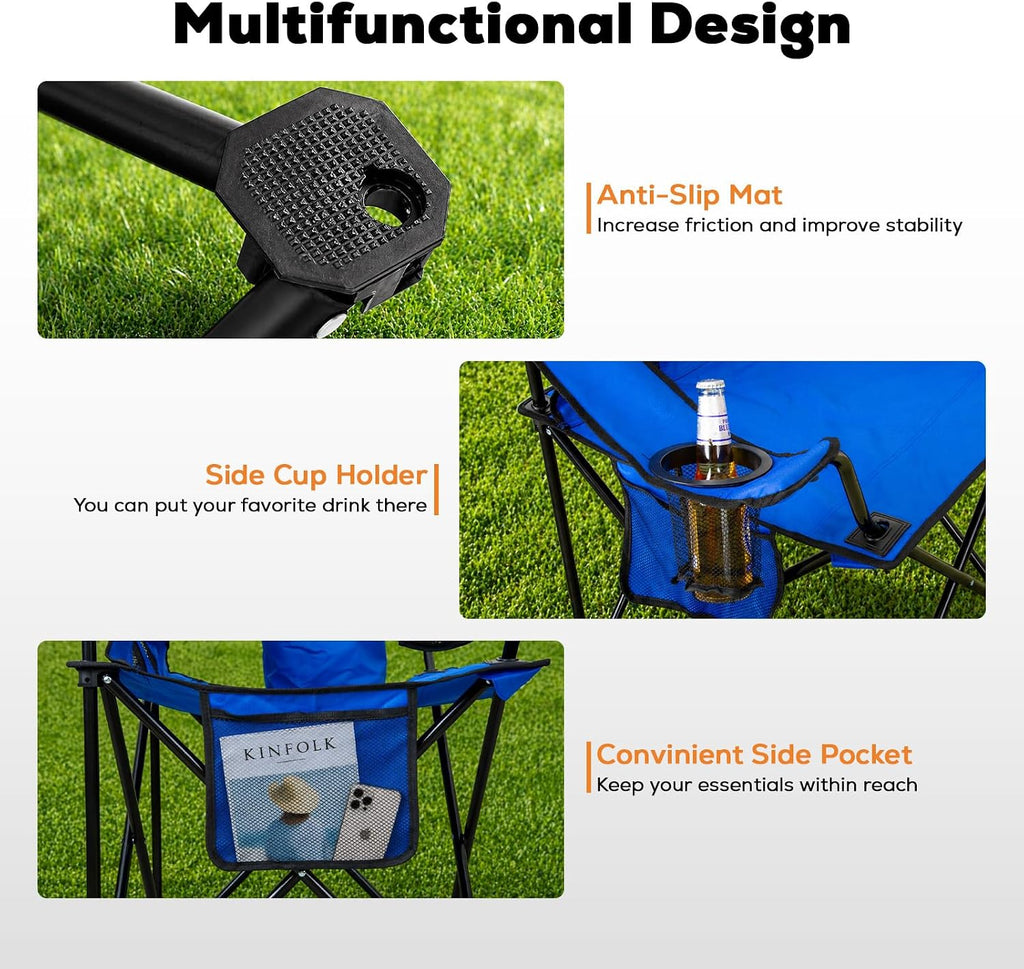 Romswi Portable Camping Chairs for Adult Support 400 LBS, Folding Outdoor Chairs with 4-Can Cooler Bag, Folding Chair with Mesh Back for Outdoor, Fishing, Garden, 2-Pack, Blue
