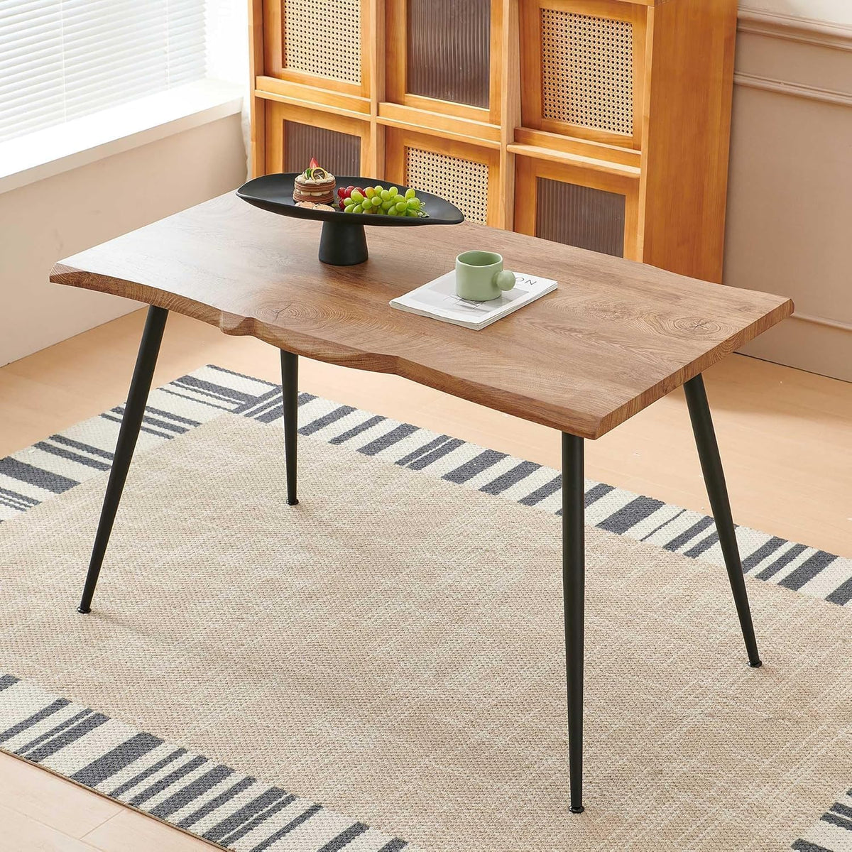 Modern 47 Inch Dining Table, Irregular Rectangle Kitchen Table for 4-6 People, Home Kitchen Table with Engineered Wood Tabletop and Metal Legs for Dining Room, Living Room