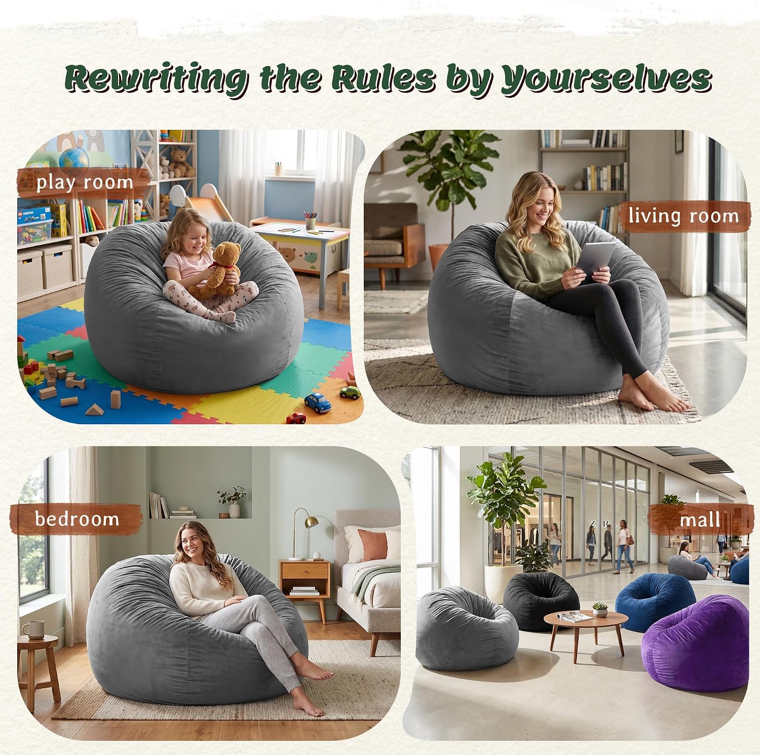 ZurNesfure Bean Bag Chairs for Adults 3FT with Memory Foam Grey, Medium | Giant Bean Bag Chair, Lazy Sofa with Machine Washable Cover, Lightweight, Beanbag for Living Room Bedroom Dorm