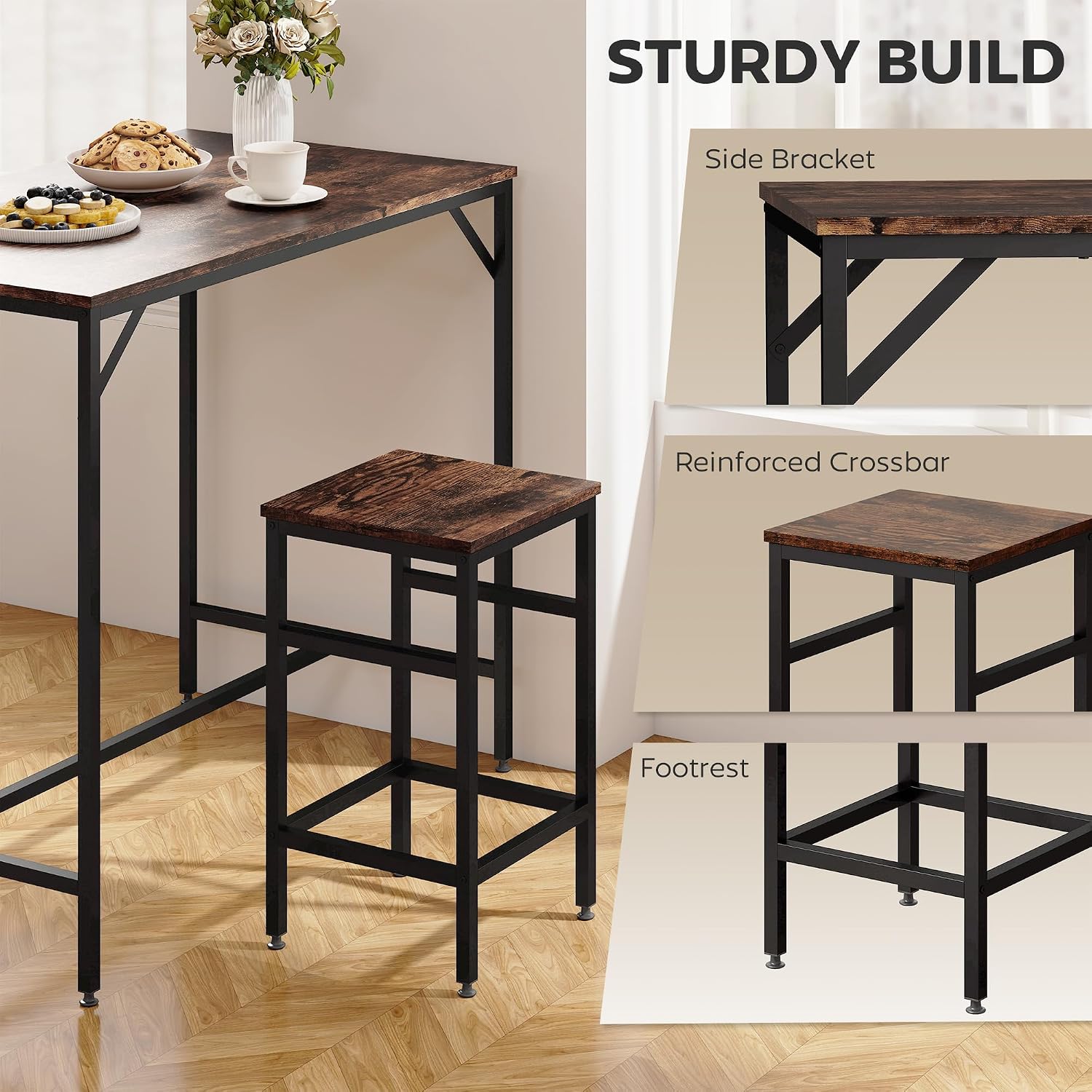 HOMCOM 5-Piece Industrial Dining Table Set, Bar Table Chair Set Black/Brown | 4 Stools Included, Space Saving, Pub & Kitchen