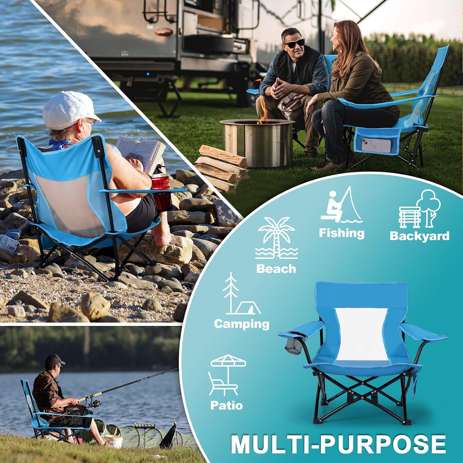 Joyfair Beach Camping Chair (2 Pack), Folding Chair for Adults (Blue) | Heavy Duty Outdoor Portable Chair with Armrest for Outside Lawn, Sport, Fishing, Cup Holder & Storage Pocket, Carry Bag