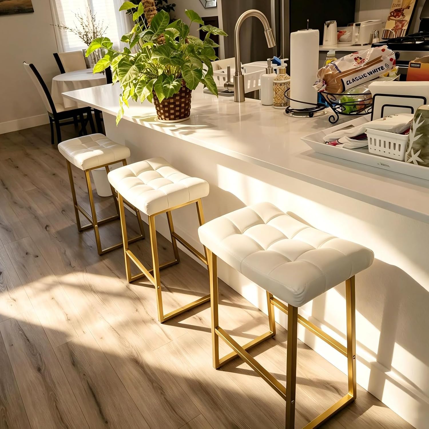 RNKSFX White & Gold Counter Height Bar Stools Set of 3 for Kitchen Counter Backless Kitchen Island Barstools with Upholstered Faux Leather Seat and Gold Base Modern 24 inch Bar Chairs No Back