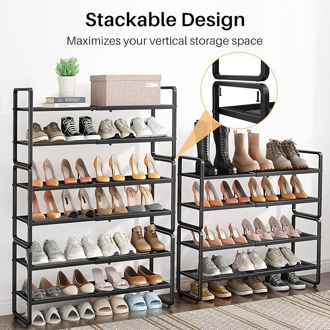 Shoe Rack - Expandable Shoe Organizer for Closet, Adjustable Metal Shoe Shelf Storage, 4 Tier Stackable Long Shoe Stand Holder for Garage, Entryway, Door Entrance, Black