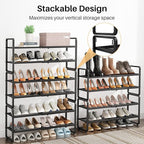 Shoe Rack - Expandable Shoe Organizer for Closet, Adjustable Metal Shoe Shelf Storage, 4 Tier Stackable Long Shoe Stand Holder for Garage, Entryway, Door Entrance, Black