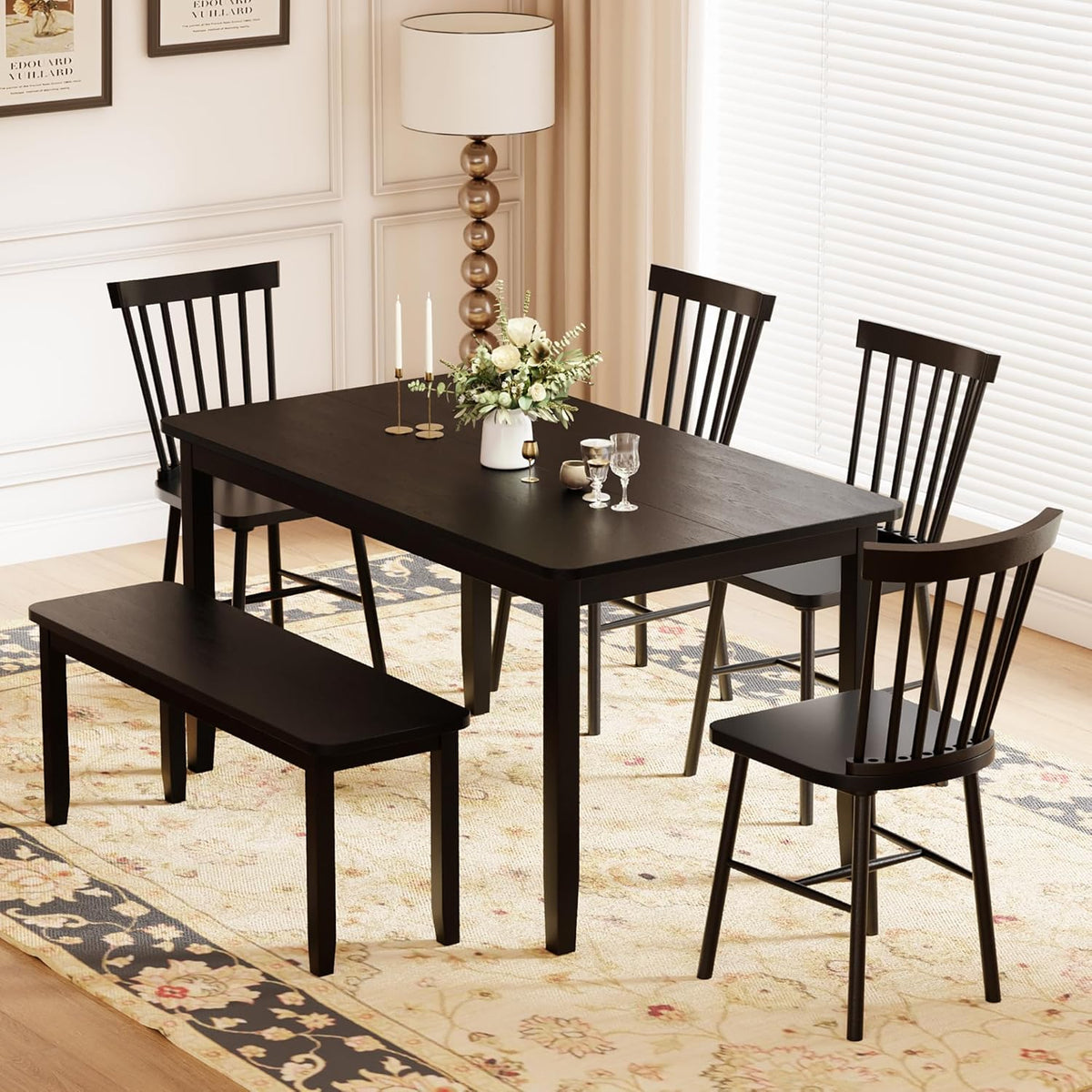 JUMMICO Solid Wood 6 Piece Dining Table Set, Modern 58"/W Kitchen Table Set for 6 with 4 Windsor Chairs & 1 Bench, Kitchen & Dining Room Sets for Kitchen, Restaurant (Black)
