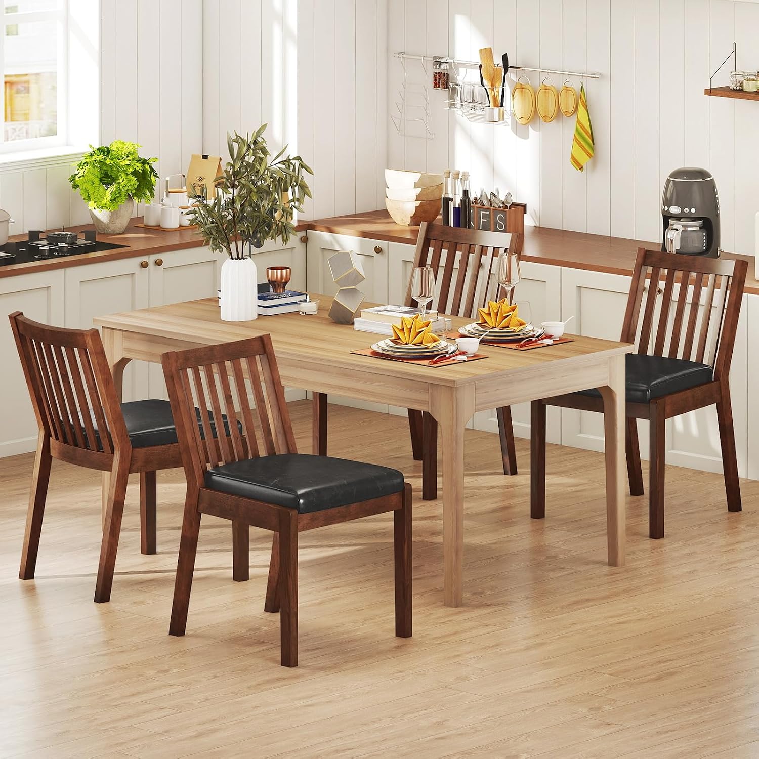 Giantex Wooden Dining Chairs Set of 2, PU Leather Upholstered Kitchen Chairs w/Rubber Wood Frame, Padded Seat, Slatted Backrest, Farmhouse Dining Side Chairs for Dining Room, Living Room