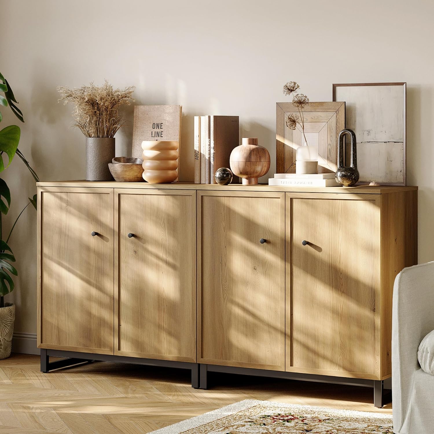 Rustic Storage Cabinet, Modern Farmhouse Set of 2 Buffet Accent Cabinet with 4-Door Design with Metal Frame Base for Dinnig Room Living Room Entryway,Brown Oak