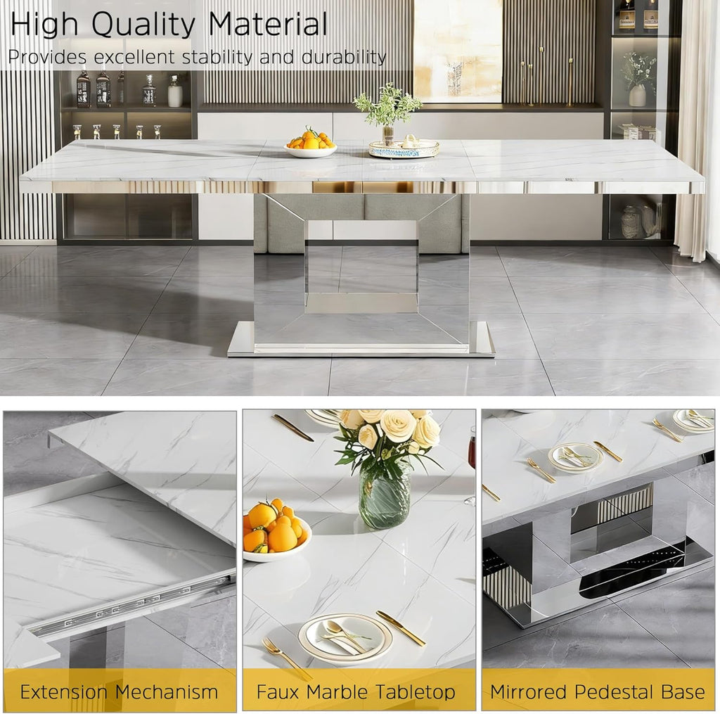 94 in Large Extendable Dining Table for 6 8 10, White Marble Pattern Top & Silver Mirrored Base, 3 Position Expansion 63" to 94", Modern Luxury Expandable Dining Room Table for Dinner Family Gathering