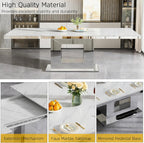 94 in Large Extendable Dining Table for 6 8 10, White Marble Pattern Top & Silver Mirrored Base, 3 Position Expansion 63" to 94", Modern Luxury Expandable Dining Room Table for Dinner Family Gathering