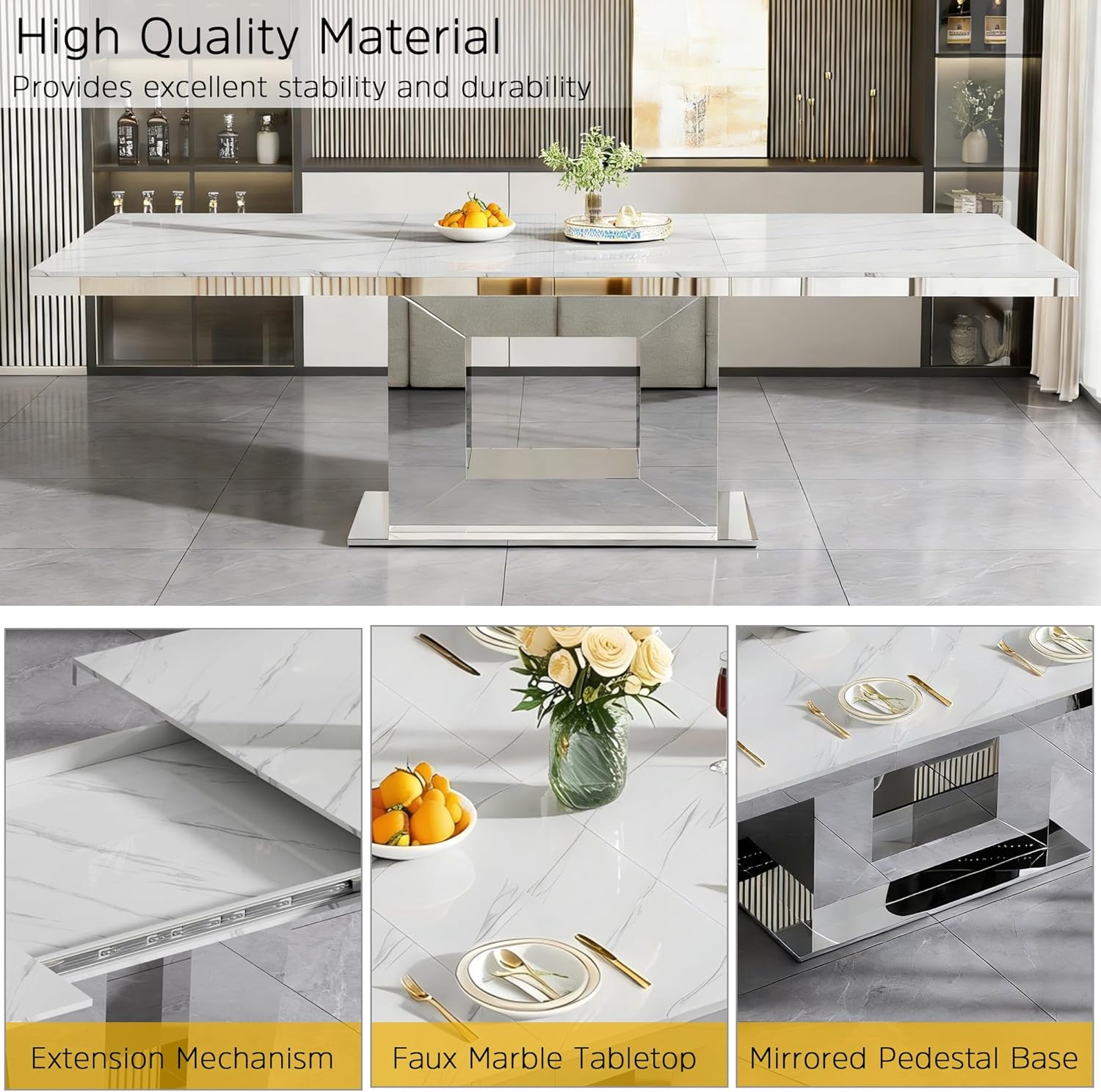 94 in Large Extendable Dining Table for 6 8 10, White Marble Pattern Top & Silver Mirrored Base, 3 Position Expansion 63" to 94", Modern Luxury Expandable Dining Room Table for Dinner Family Gathering