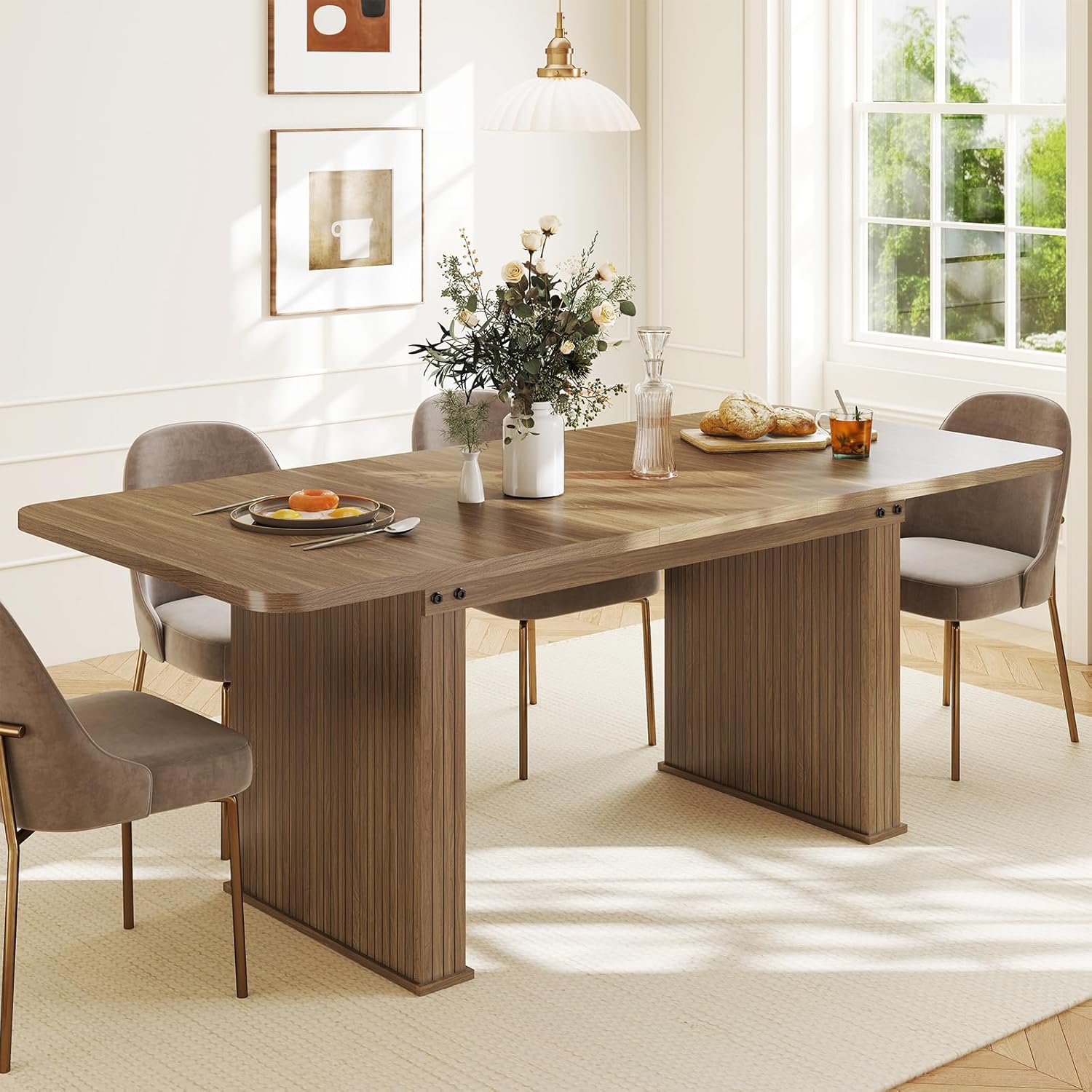 Zevemomo 63"-78.7" Expandable Dining Table, 6-10 Farmhouse Kitchen Table, Rectangular Extendable Dining Table, with Metal Slide Track, Widened Wood Striped Legs for Dining Room-Beige Brown