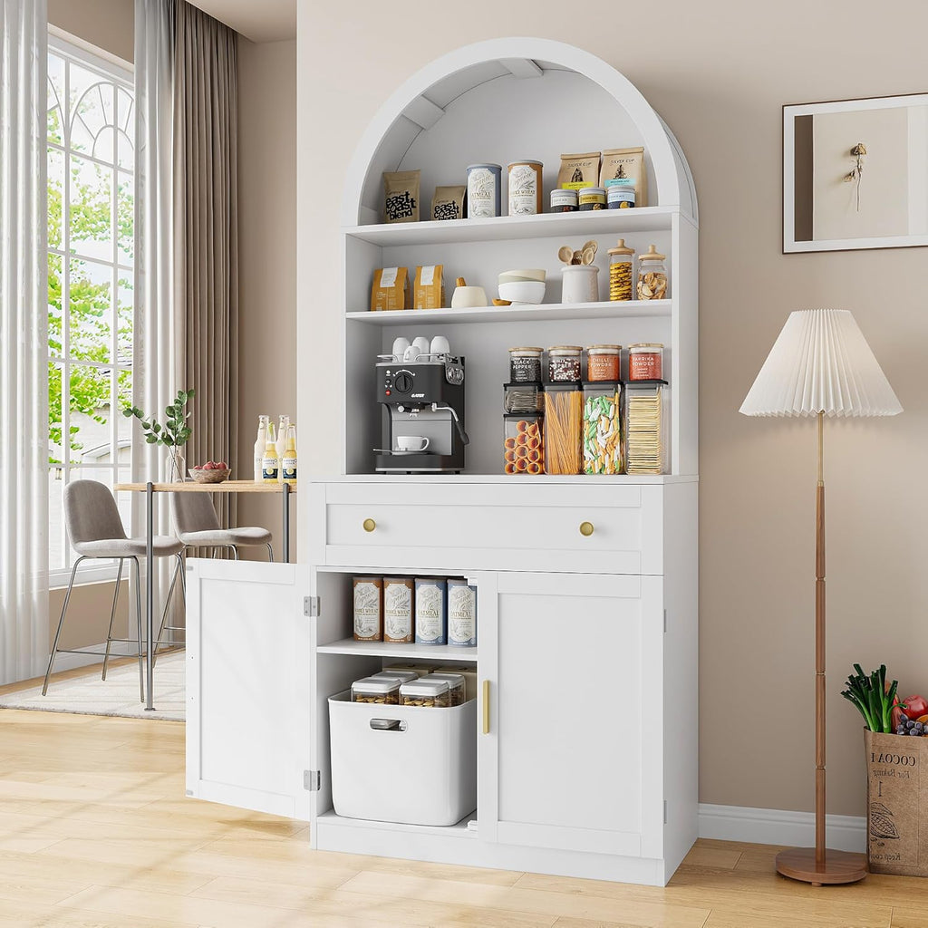 71" Tall Arched Kitchen Pantry Cabinet, Modern Kitchen Storage Cabinets with Hidden Drawer and Spacious Countertop, Wooden Storage Pantry Cabinet for Living Room, Dining Room, White
