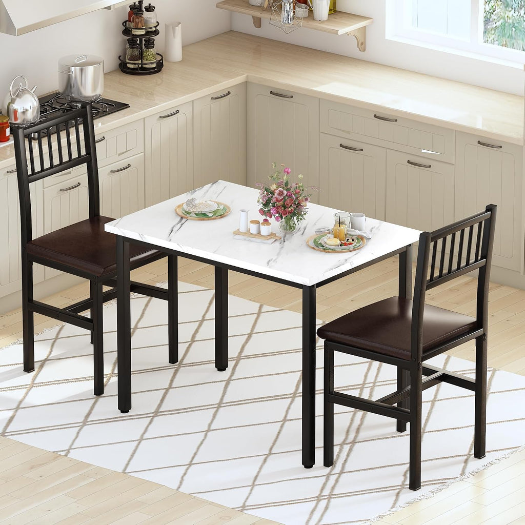 AWQM 3 Piece Dining Table, Small Kitchen Table Set for 2 with Chairs(White) | Wood Breakfast Nook Table and Upholstered Chairs Set of 2,Dinette Set for Small Space,Dining Room,Office, Apartment.