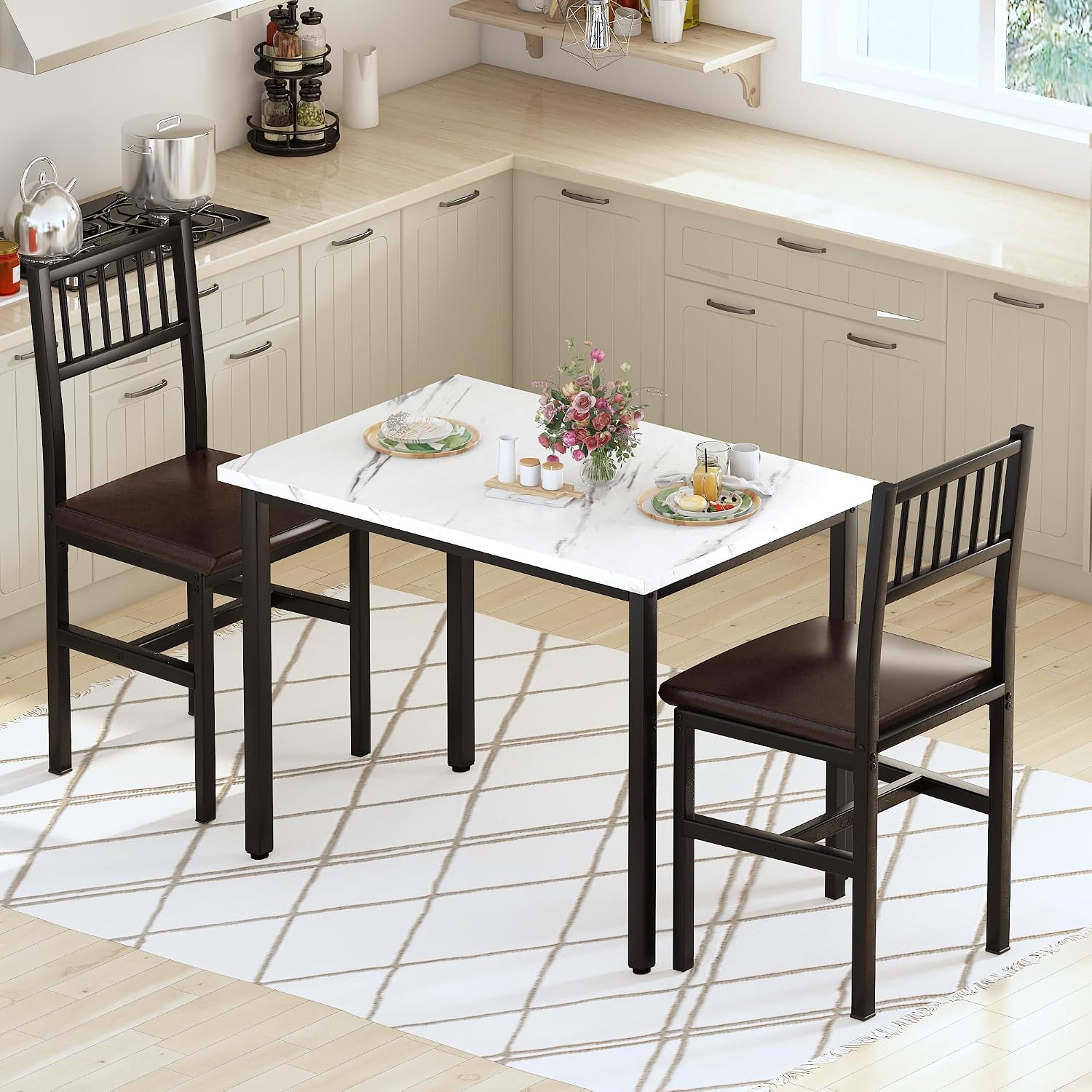 AWQM 3 Piece Dining Table, Small Kitchen Table Set for 2 with Chairs(White) | Wood Breakfast Nook Table and Upholstered Chairs Set of 2,Dinette Set for Small Space,Dining Room,Office, Apartment.