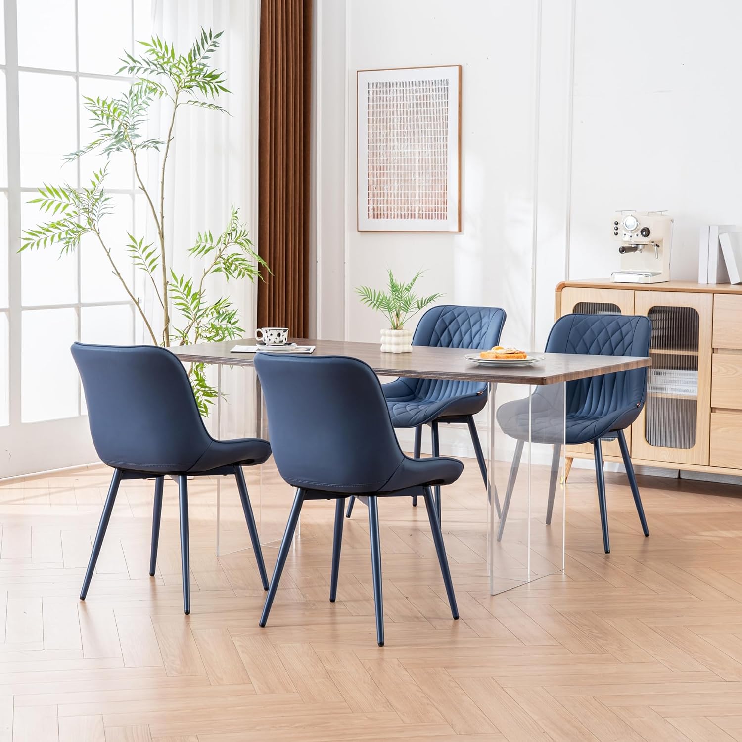 YOUNIKE Faux Leather Dining Chairs Set of 2 Mid-Century Modern High Padded Back Comfy Upholstered Kitchen Chairs with Metal Legs Wide Seat Accent Side Chair for Dining/Living/Waiting Room Navy Blue