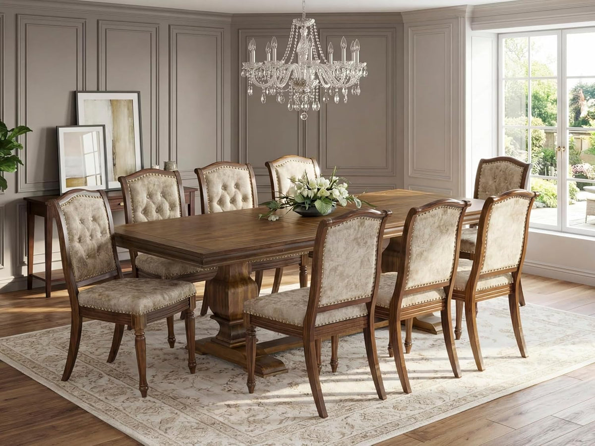 LKMA9-AWA-36 9 Pieces Dining table set includes a Rectangular Dining Table and 8 Light Beige Polyester Fabric Dining Room Chairs, Antique Walnut finish