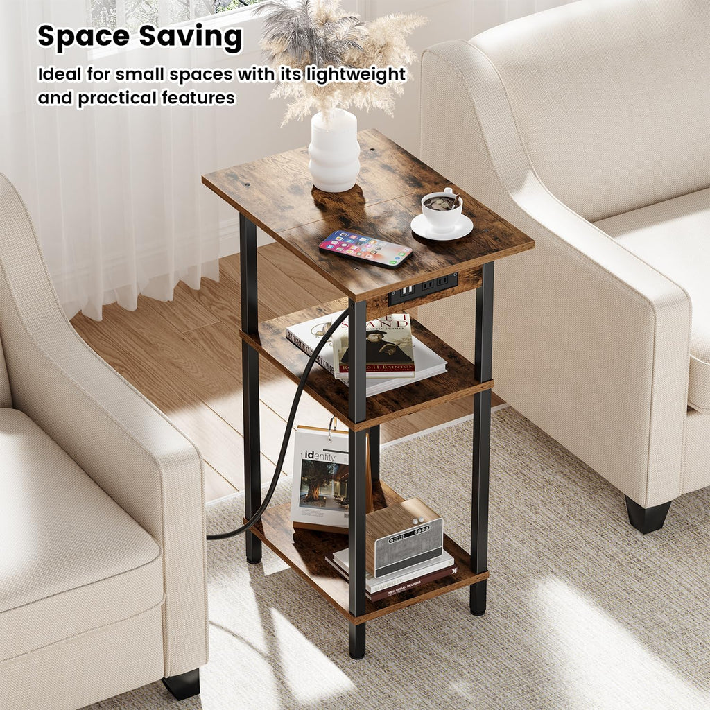 Asgolion Tall End Table with Charging Station, Skinny Nightstand with USB Ports and Outlets, 3 Tier Narrow Side Table with Storage for Bedroom, Living Room, Office, Rustic Brown and Black
