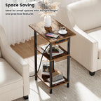 Asgolion Tall End Table with Charging Station, Skinny Nightstand with USB Ports and Outlets, 3 Tier Narrow Side Table with Storage for Bedroom, Living Room, Office, Rustic Brown and Black
