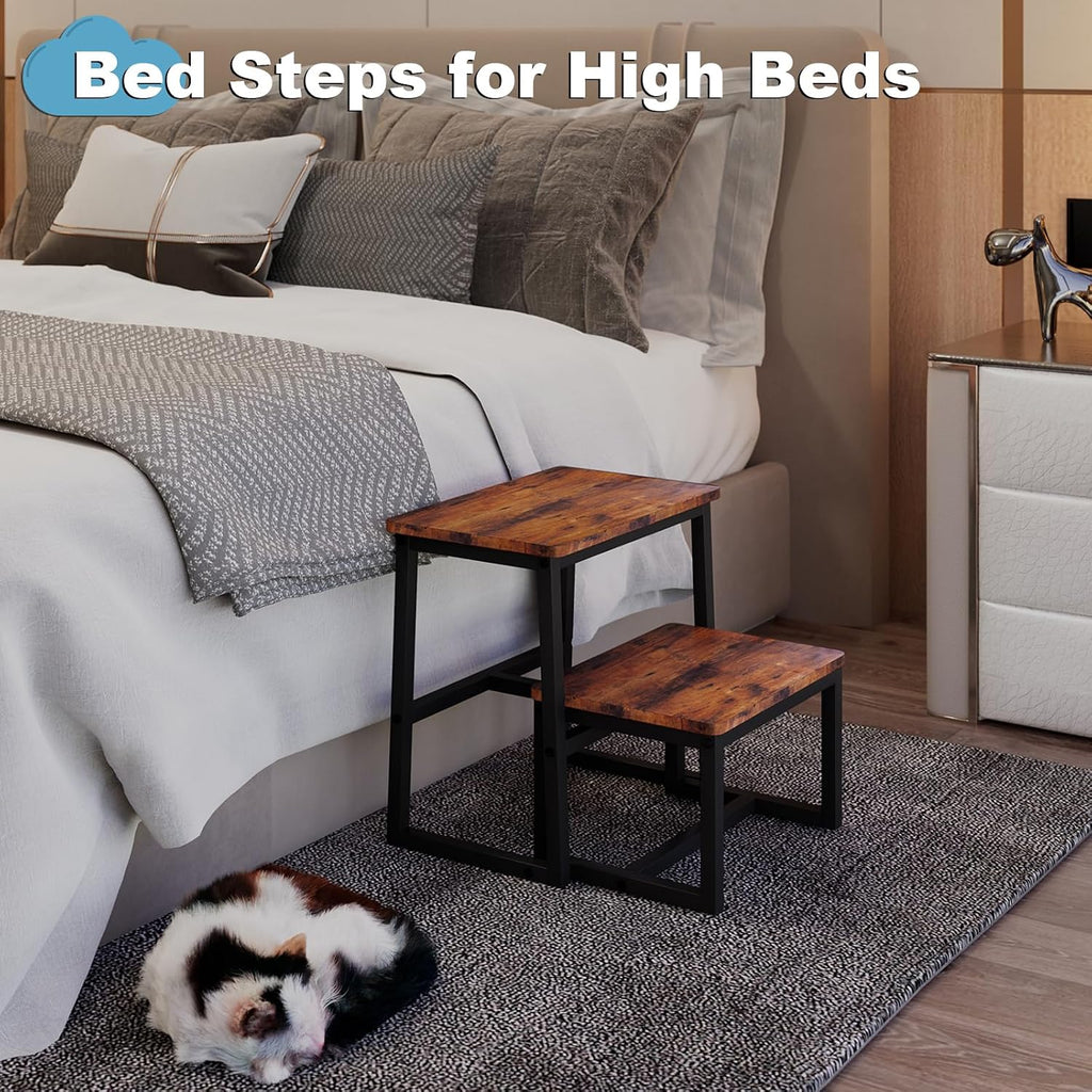 2 Step Stool for Adults Wooden Step Stool with 500 Lbs, Rustic Brown | Kitchen Step Stool, 3 in 1 Heavy Duty Stepping Stool, Tall Bedside Foot Stool for Kichen/Bathroom/Bedroom High Beds, Non-Slip
