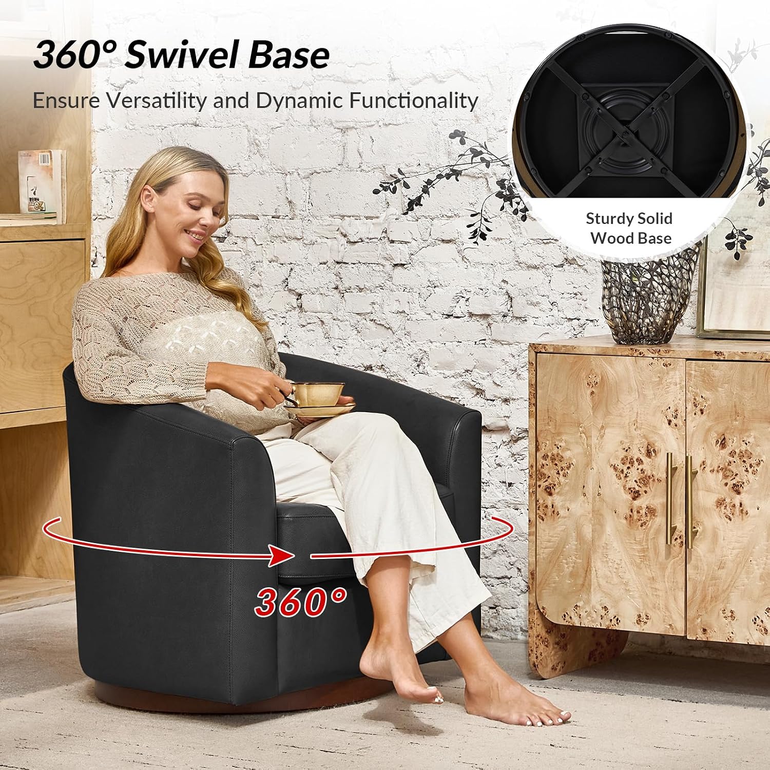 HULALA HOME Genuine Leather Swivel Barrel Accent Chairs Set of 2, Black | Transitional Round Swivel Accent Chair with Solid Wood Base, No Assembly Required, for Living Room Bedroom Reading Relaxation