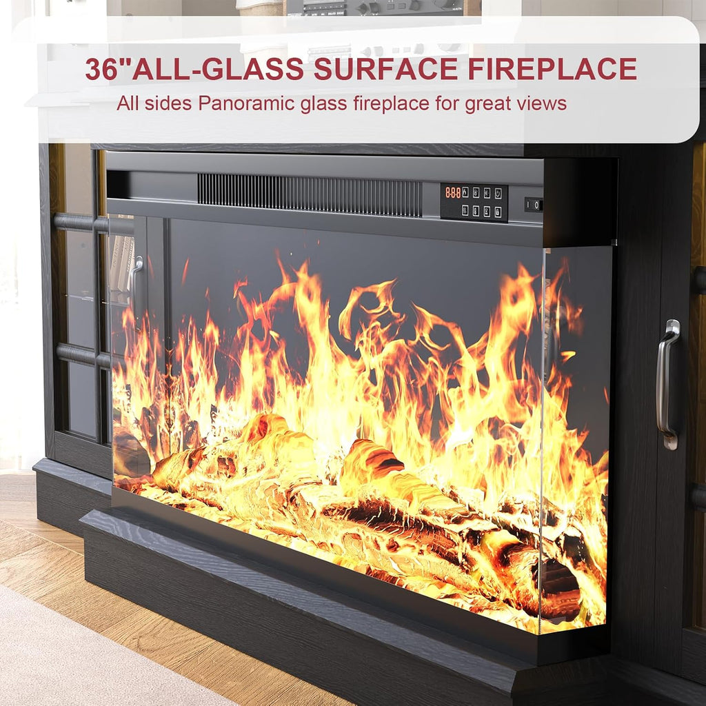 oneinmil 70" Fireplace TV Stand with 3-Sided Glass Fireplace, Modern Wood Entertainment Center with LED Lights and Glass Door, 36" Fire Place TV Stands for Living Room, Black