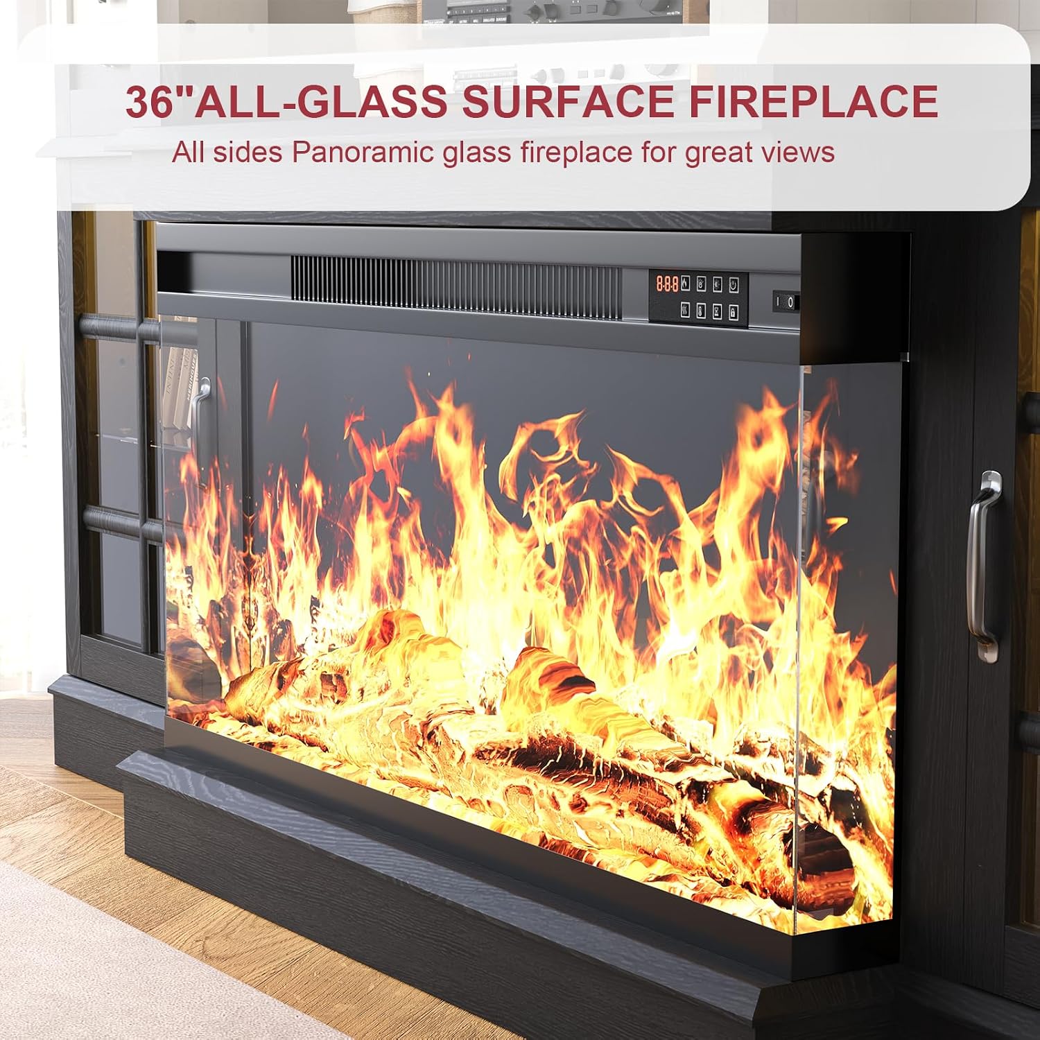 oneinmil 70" Fireplace TV Stand with 3-Sided Glass Fireplace, Modern Wood Entertainment Center with LED Lights and Glass Door, 36" Fire Place TV Stands for Living Room, Black