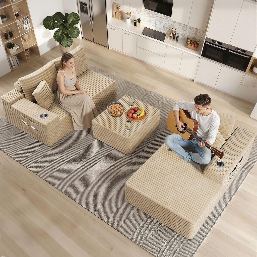 KCGKCG 106" Cloud Modular Sectional Couch with Ottoman, Modern U Shaped Corduroy Sofa, Higher 17.7" Seat Height, 32D Pure Foam, Built in Cup Holders, No Assembly Living Room(Camel, Left Facing Chaise)