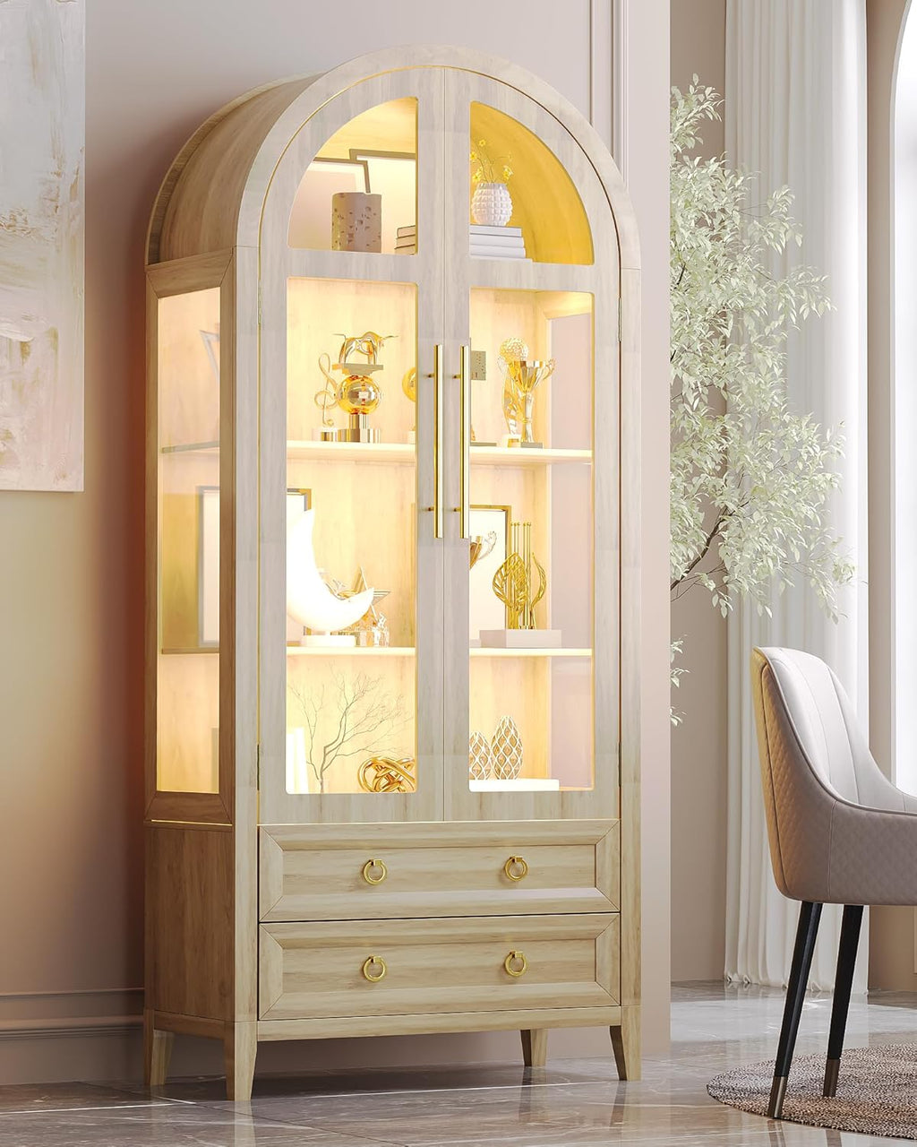 Vlsrka 71" Arched Curio Cabinet with Glass Doors, 4-Shelves Display Cabinet and 2 Drawers, Display Case with 3 Color Lights, Tall Bookcase, Kitchen Pantry, Wood Color