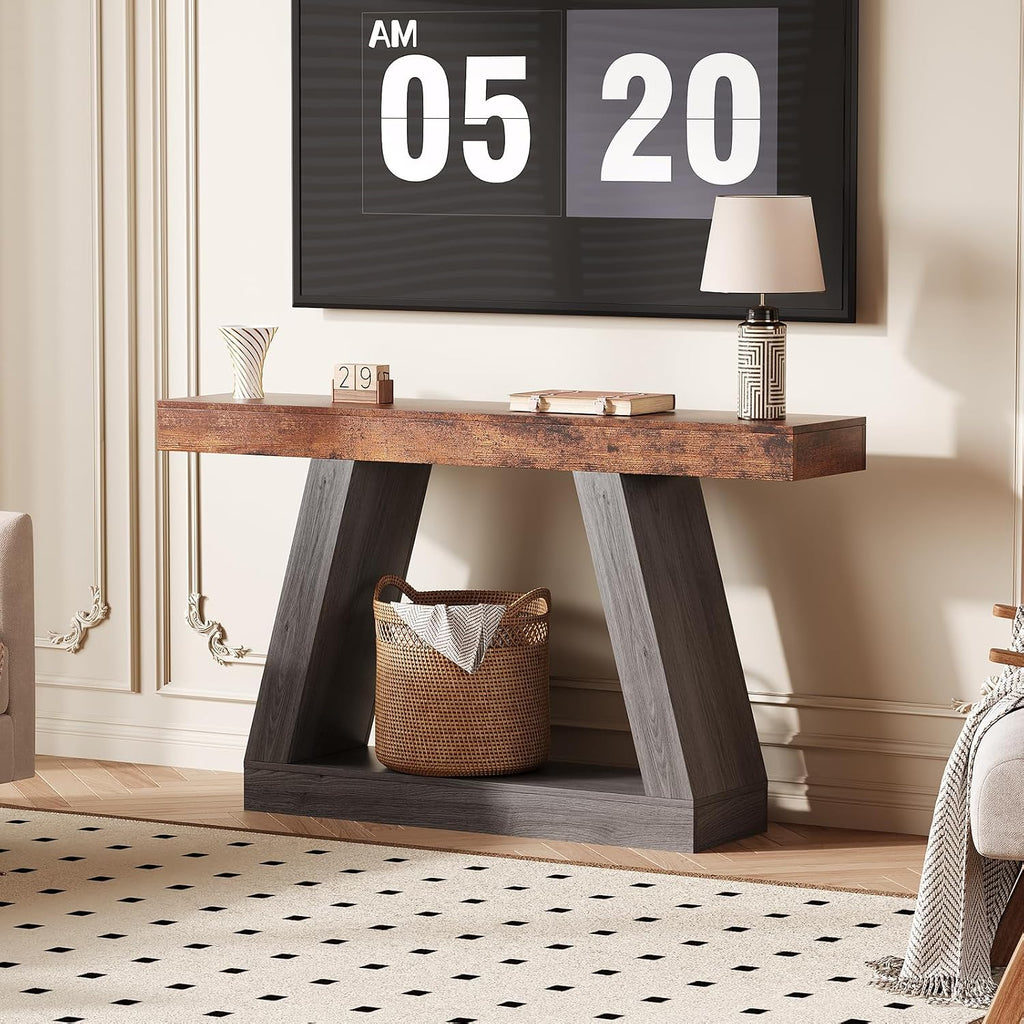 55in Farmhouse Console Table - 2-Tier Wooden Trapezium Sofa Table - Skinny Entryway Furniture with Open Storage Shelf - Ideal for Living Room, Behind Couch, Hallway - Gray