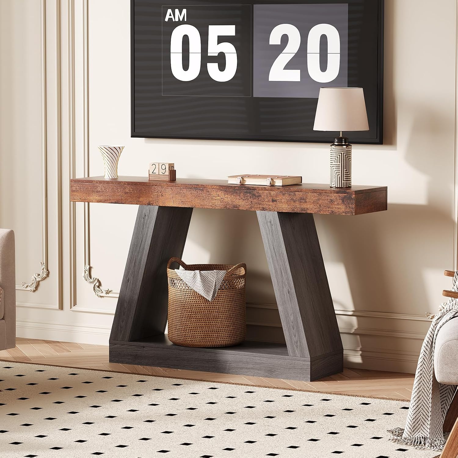 55in Farmhouse Console Table - 2-Tier Wooden Trapezium Sofa Table - Skinny Entryway Furniture with Open Storage Shelf - Ideal for Living Room, Behind Couch, Hallway - Gray