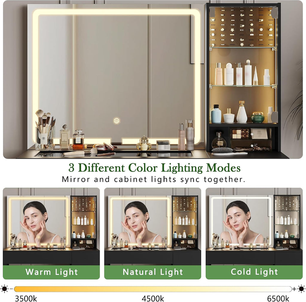 wanan Vanity with Glass Top, Black Vanity Desk with Mirror and Lights, Jewelry Storage, Power Outlet, 3 Adjustable Lighting Modes, Makeup Vanity with 2 Drawers for Bedroom