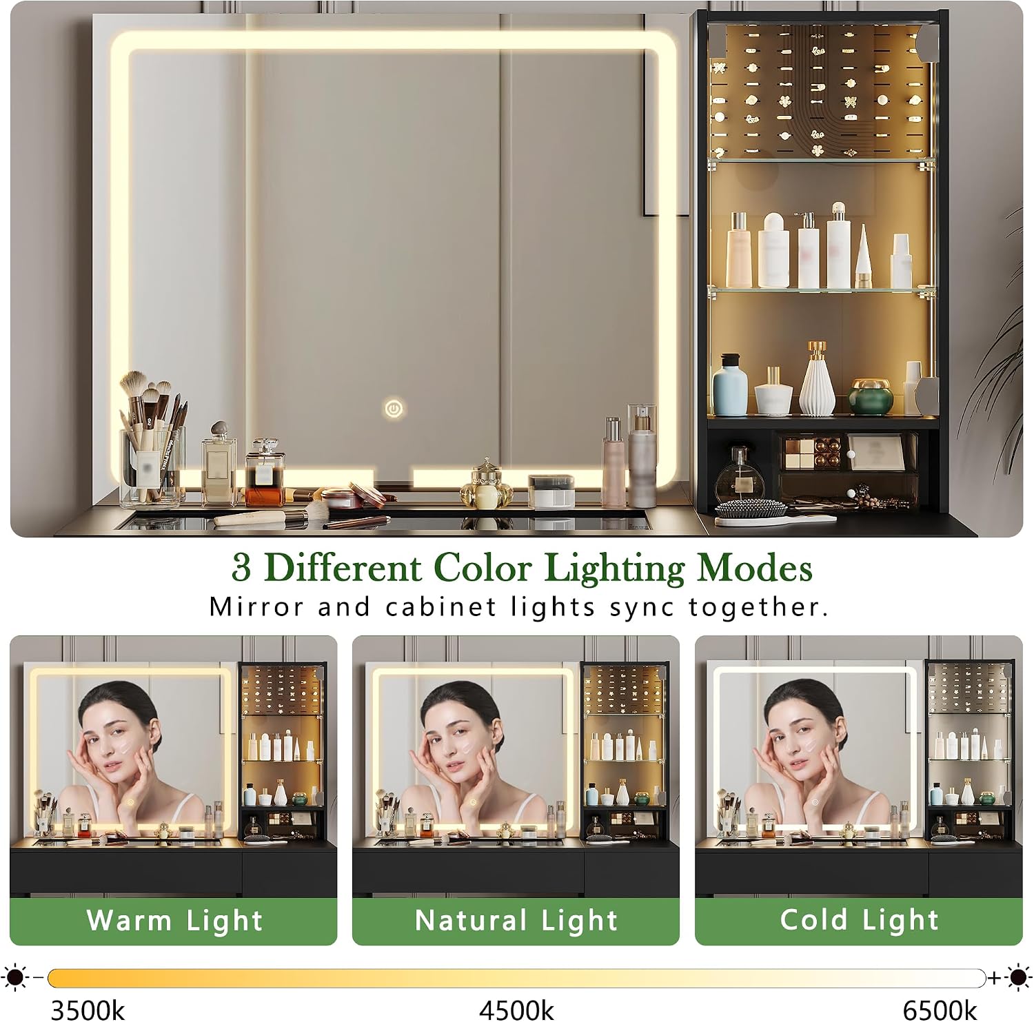 wanan Vanity with Glass Top, Black Vanity Desk with Mirror and Lights, Jewelry Storage, Power Outlet, 3 Adjustable Lighting Modes, Makeup Vanity with 2 Drawers for Bedroom
