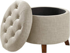 Amazon Basics Round Storage Ottoman Foot Rest, Button Tufted Upholstered Footstool with Storage, Sturdy Linen Fabric for Living Room and Bedroom, 20" x 17", Beige