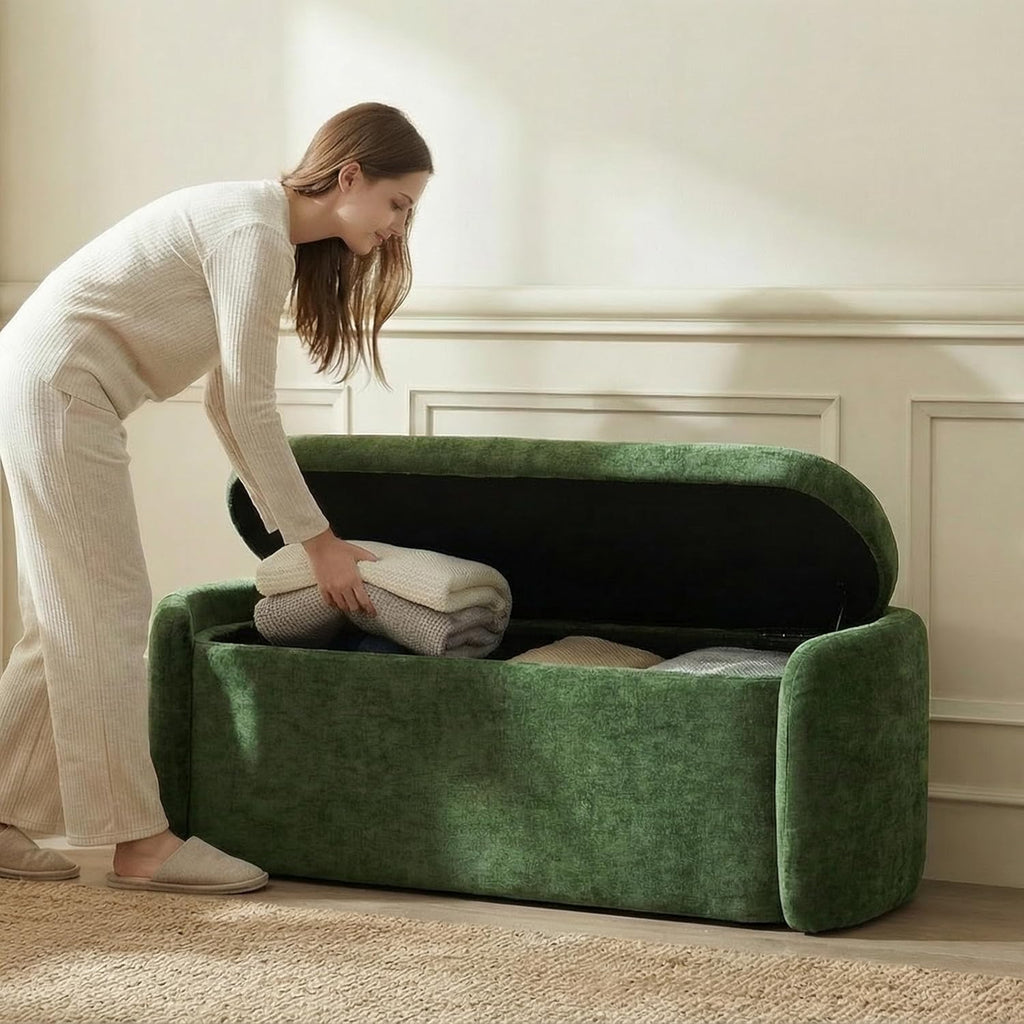 VKNOW Storage Bench, Upholstered Storage Ottoman Bench with Hinge, Green | Ottoman Bench with Large Capacity, Curved Frame, Soft Fabric, Storage Bench for Bedroom, Living Room, Entryway, Window