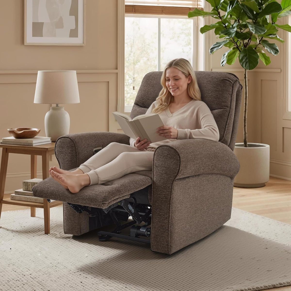 MCombo Compact Wall Hugger Power Recliner Chair for Small Spaces, Dual USB-A/C Ports, Rolled Arm Recliner for Living Room & RV, Fabric PR520 (Dark Brown, Small)