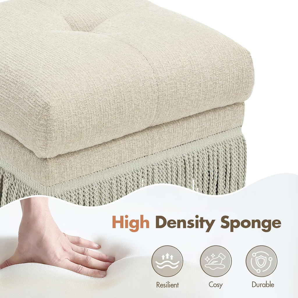 Hyfirm Brown Upholstered Ottoman Footstool with Fringe Skirt, 21.5" Square | Modern Tufted Soft Padded Footrest Cushion, Decorative Boho Tassel Vanity Accent Stool for Living Room Bedroom Entry
