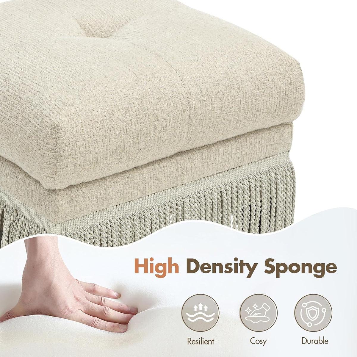 Hyfirm Brown Upholstered Ottoman Footstool with Fringe Skirt, 21.5" Square | Modern Tufted Soft Padded Footrest Cushion, Decorative Boho Tassel Vanity Accent Stool for Living Room Bedroom Entry