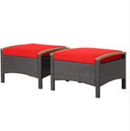 HAPPYGRILL Set of 2 Outdoor Patio Ottoman PE Rattan Wicker Ottomans with Removable Cushions and Solid Acacia Wood Handle Outdoor Footstool Footrest Set Seats and Side Table Set