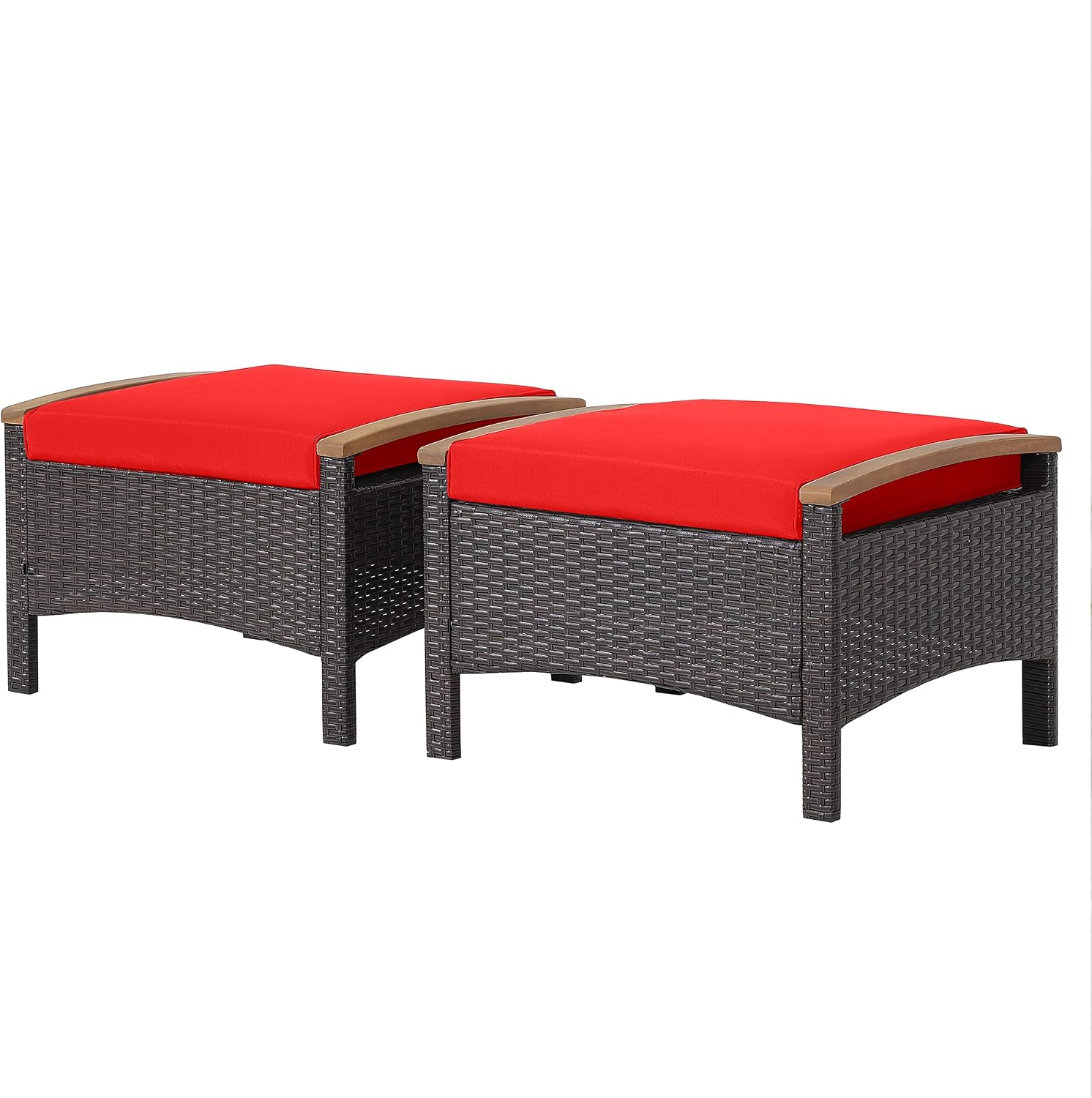 HAPPYGRILL Set of 2 Outdoor Patio Ottoman PE Rattan Wicker Ottomans with Removable Cushions and Solid Acacia Wood Handle Outdoor Footstool Footrest Set Seats and Side Table Set