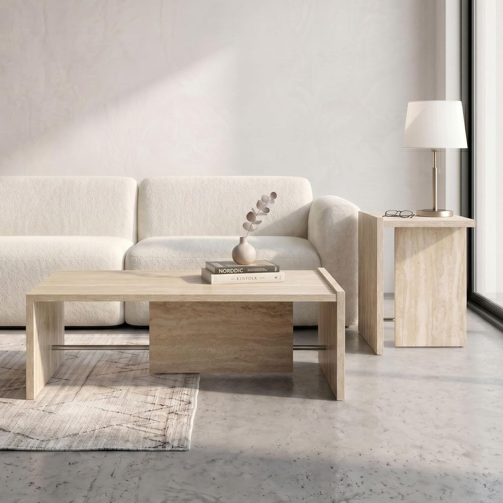 Modern Faux Travertine Coffee Table and End Tables Set of 2, Minimalist Living Room Tables Set with Chrome Support, Beige Stone Pattern Center Table and Side Table for Living Room, Bedroom