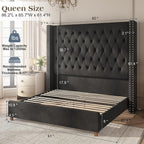 PaPaJet Queen Bed Frame 61.4" Tall Upholstered Wingback Headboard, Black