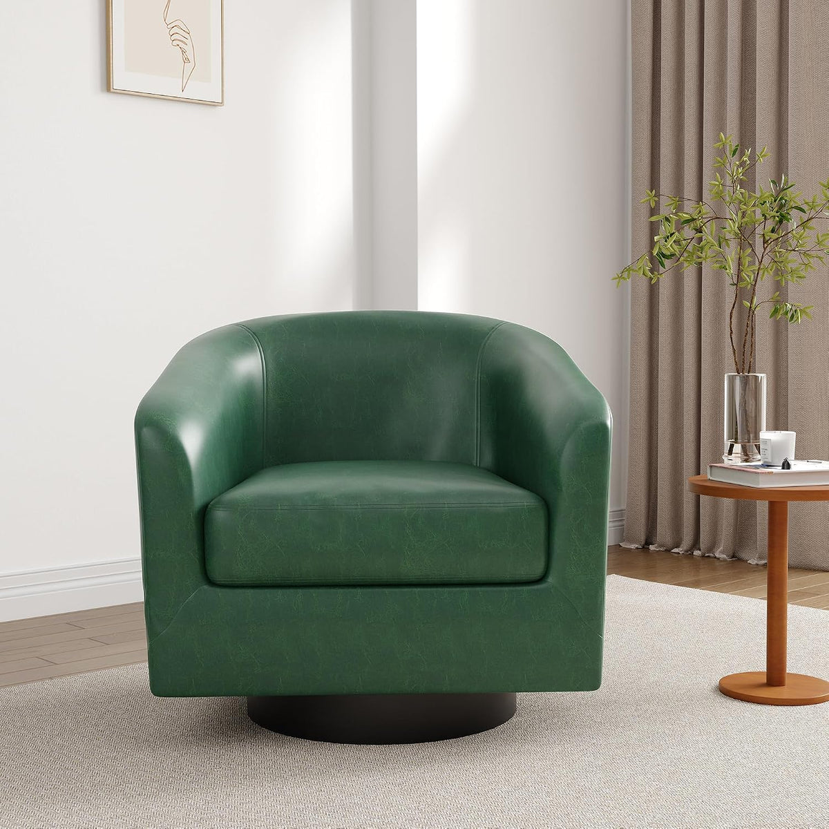 Lumibee Faux Leather Swivel Barrel Chairs Set of 2, Upholstered Comfy Round Swivel Accent Chair, 360° Rotation Single Sofa Club Armchair for Living Room, Reading Room, Bedroom, Green