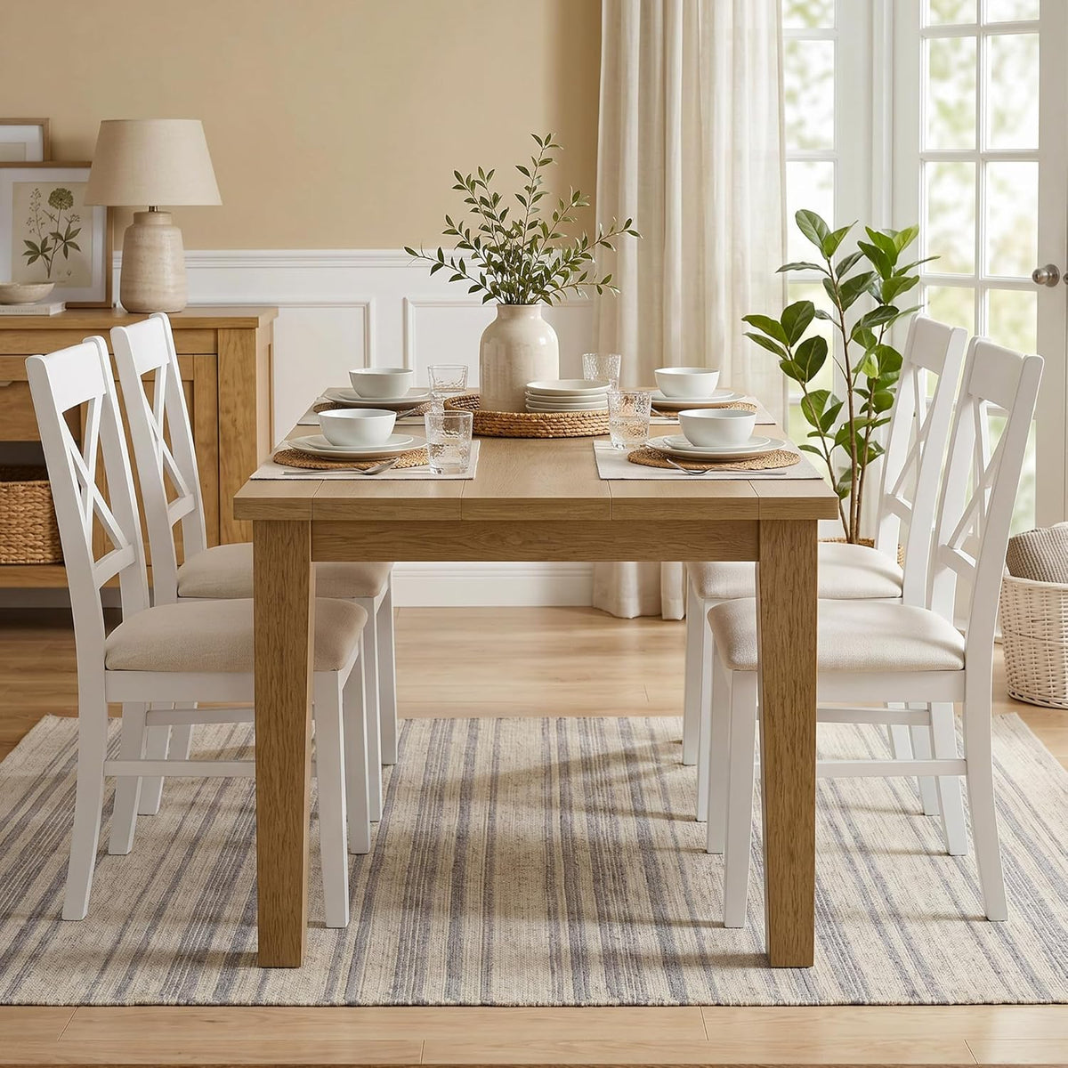 HOMCOM Dining Chairs Set of 2, Upholstered Kitchen Chairs with Rubberwood Frame, Padded Seat and Cross Back for Living Room, Dining Room, Kitchen, White