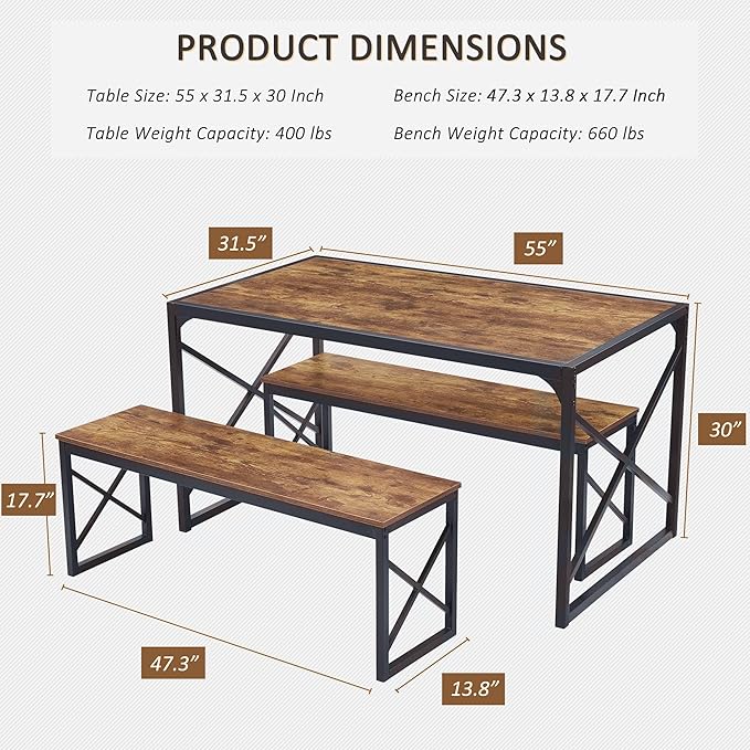 VECELO Kitchen Dining Table Set for 4 to 6, 55" Wood Dinette 2 Benches with Metal Frame for Dinner Breakfast Nook and Small Space, Brown