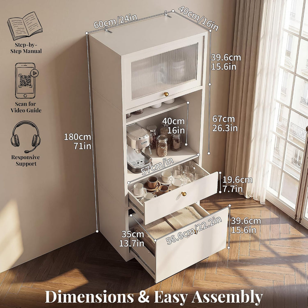 71''Tall Kitchen Pantry Cabinet with Oversized Microwave Shelf & Coffee Station-Tall Extra Deep Storage Hutch, Fluted Acrylic Doors,Adjustable Shelves,Drawers, Anti-Tip,White