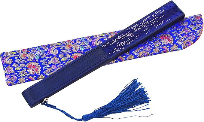 Amajiji 8.27"(21cm) Hand Held Bamboo Silk Folding Fan Hand Fan,Chinese/Japanese Charming Elegant Vintage Retro Style,Women Ladys Girls Best Gifts (Blue)